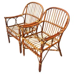 Vintage Coastal Stick Rattan Lounge Chairs, a Pair