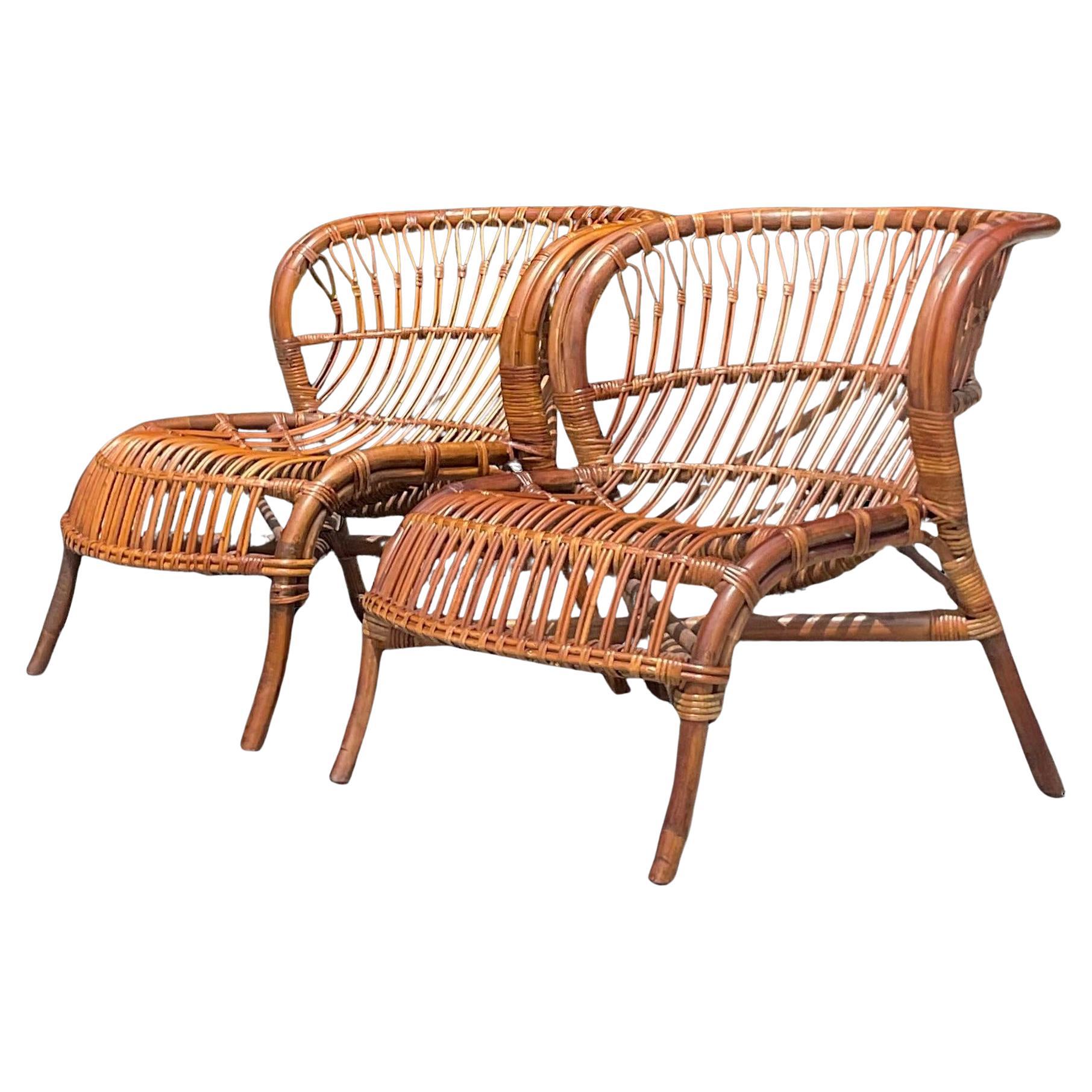 Vintage Coastal Stick Rattan Lounge Chairs - a Pair For Sale