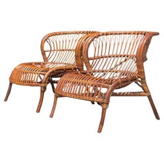 Vintage Coastal Stick Rattan Lounge Chairs - a Pair