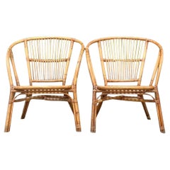 Vintage Coastal Stick Rattan-Loungesessel im Vintage-Stil - ein Paar