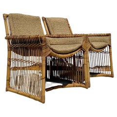 Vintage Coastal Stick Rattan Lounge Chairs - A Pair