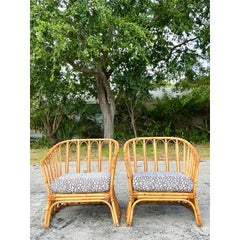 Vintage Coastal Stick Rattan Lounge Chairs After Albini - A Pair