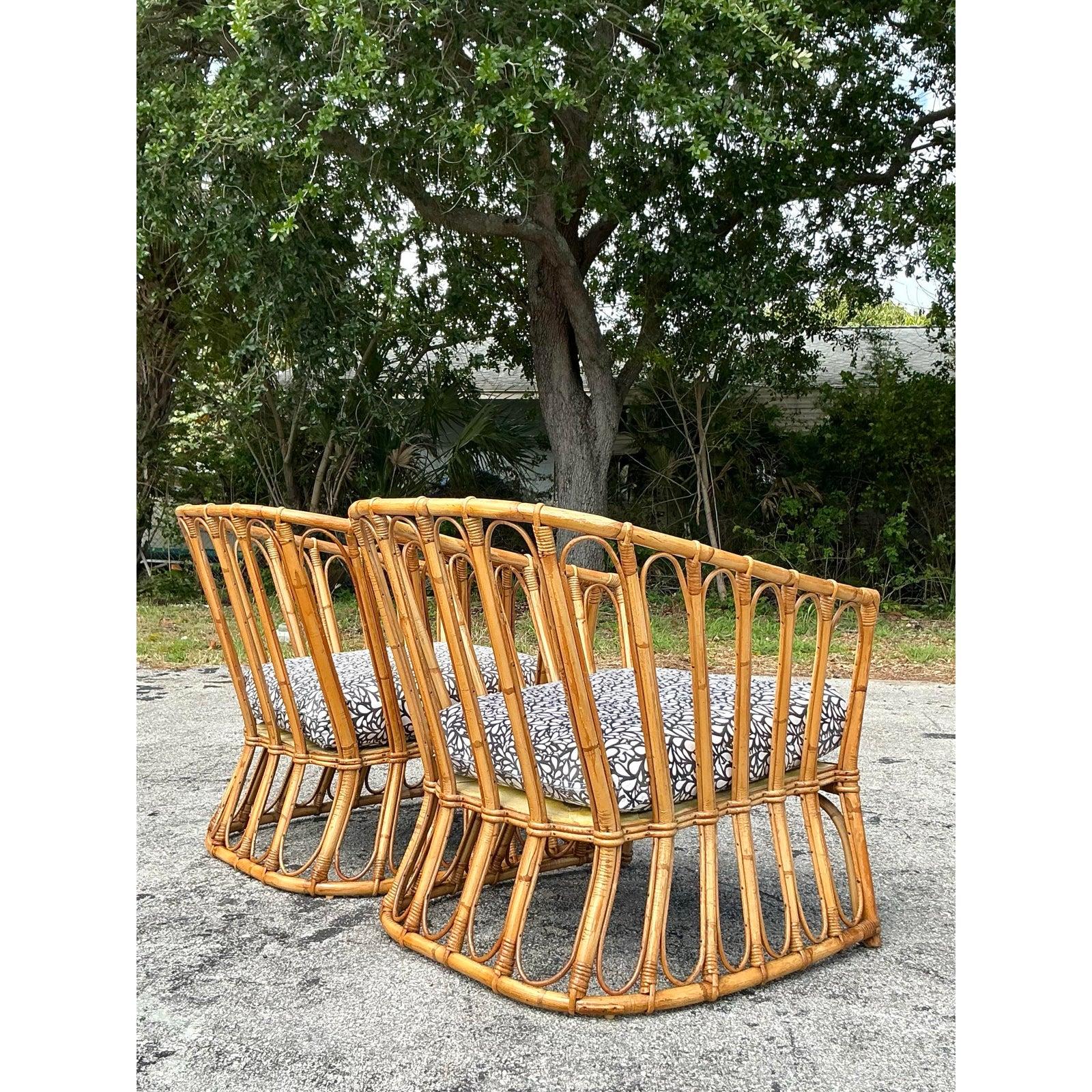 Paire de fauteuils de salon vintage Coastal Stick Rattan d'après Albini en vente 1