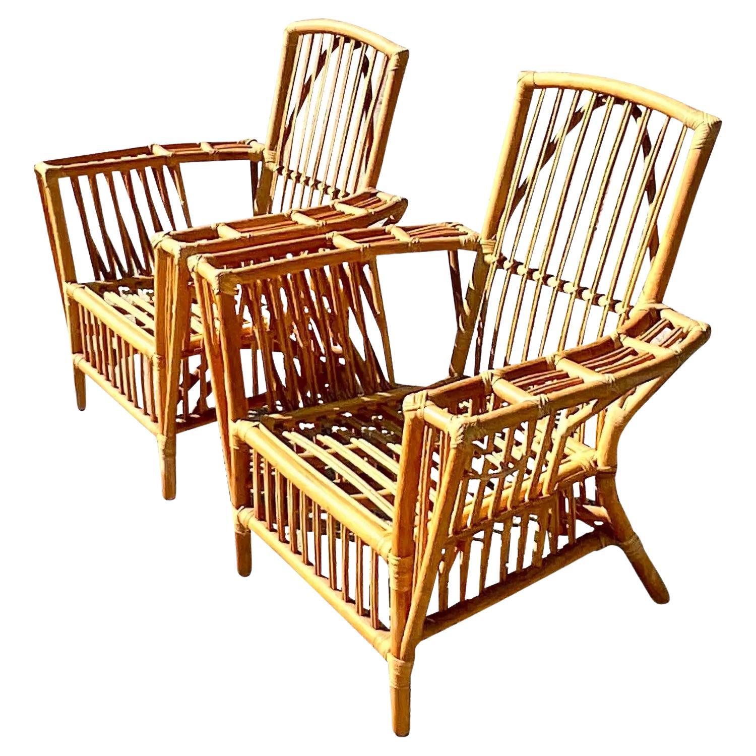 Vintage Coastal Stick Rattan Lounge Chairs After Bielecky Bros - a Pair