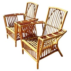 Vintage Coastal Stick Rattan Lounge Chairs After Bielecky Bros - a Pair