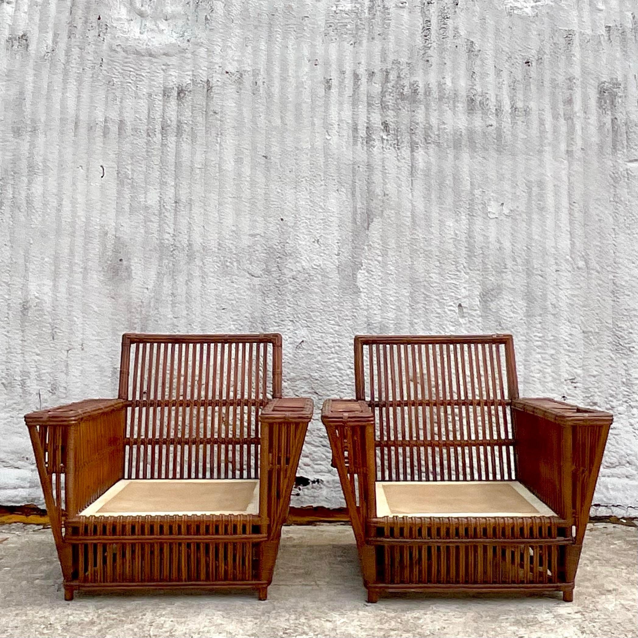 Philippine Vintage Coastal Stick Rattan Lounge Chairs After Bielecky Brothers - a Pair
