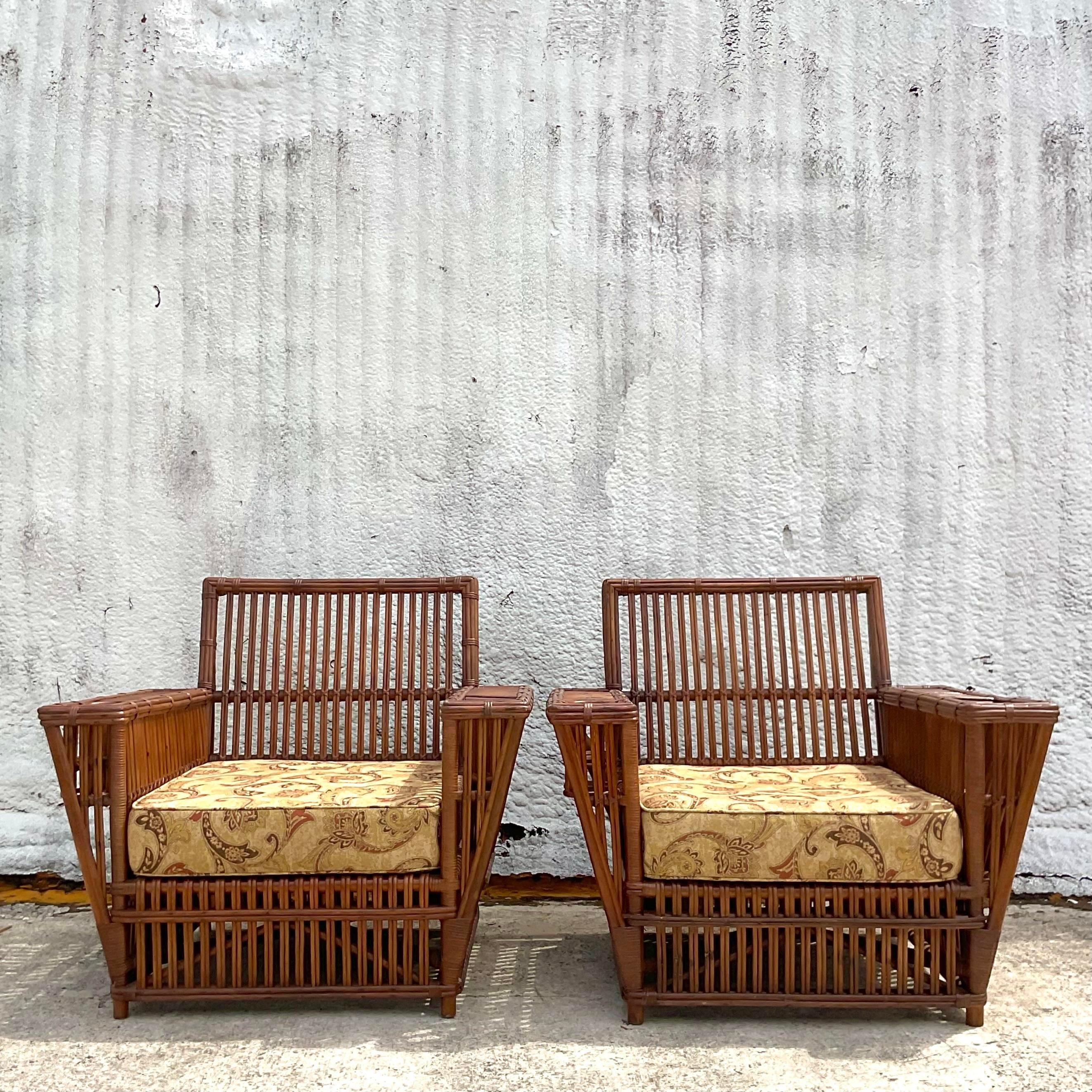20th Century Vintage Coastal Stick Rattan Lounge Chairs After Bielecky Brothers - a Pair