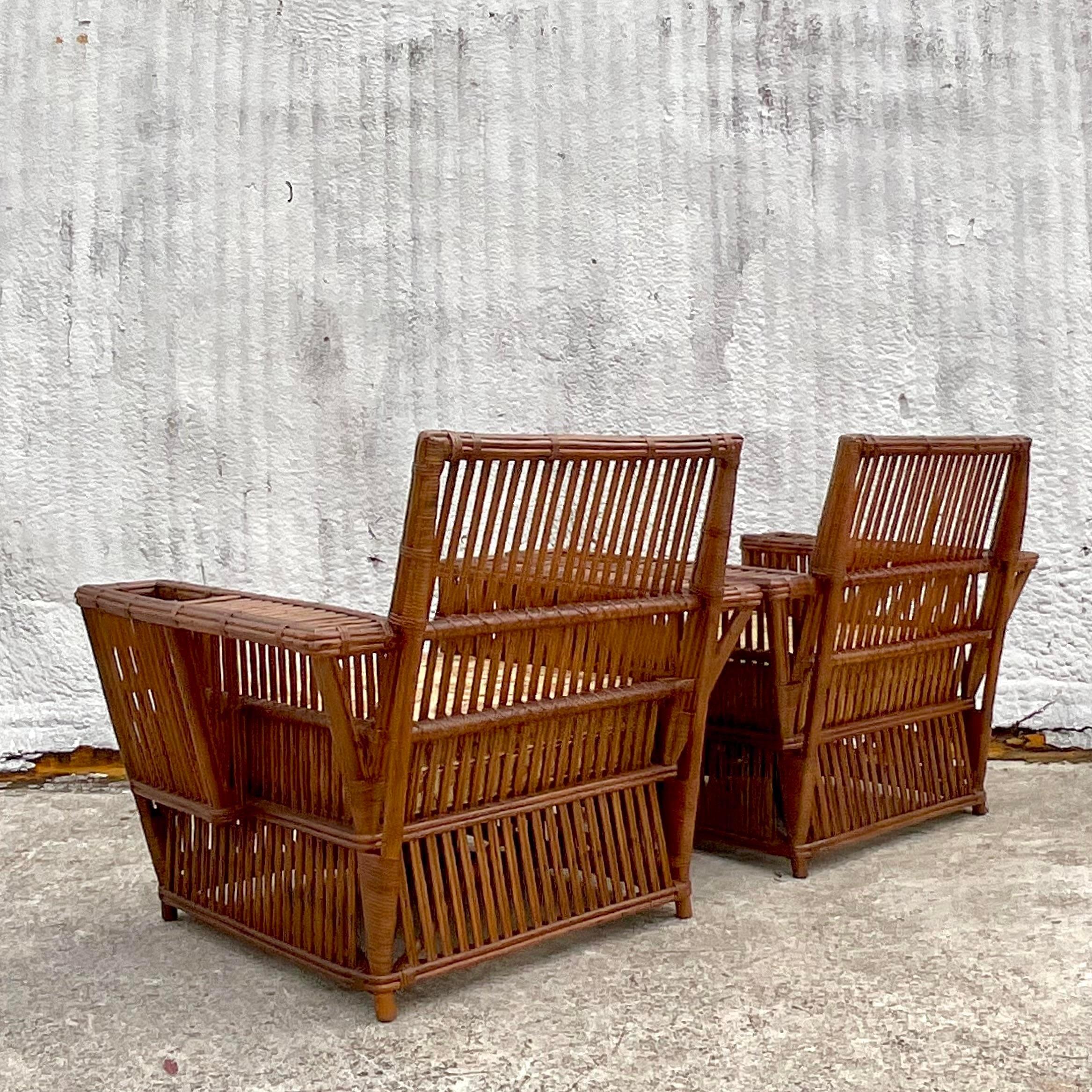 Upholstery Vintage Coastal Stick Rattan Lounge Chairs After Bielecky Brothers - a Pair