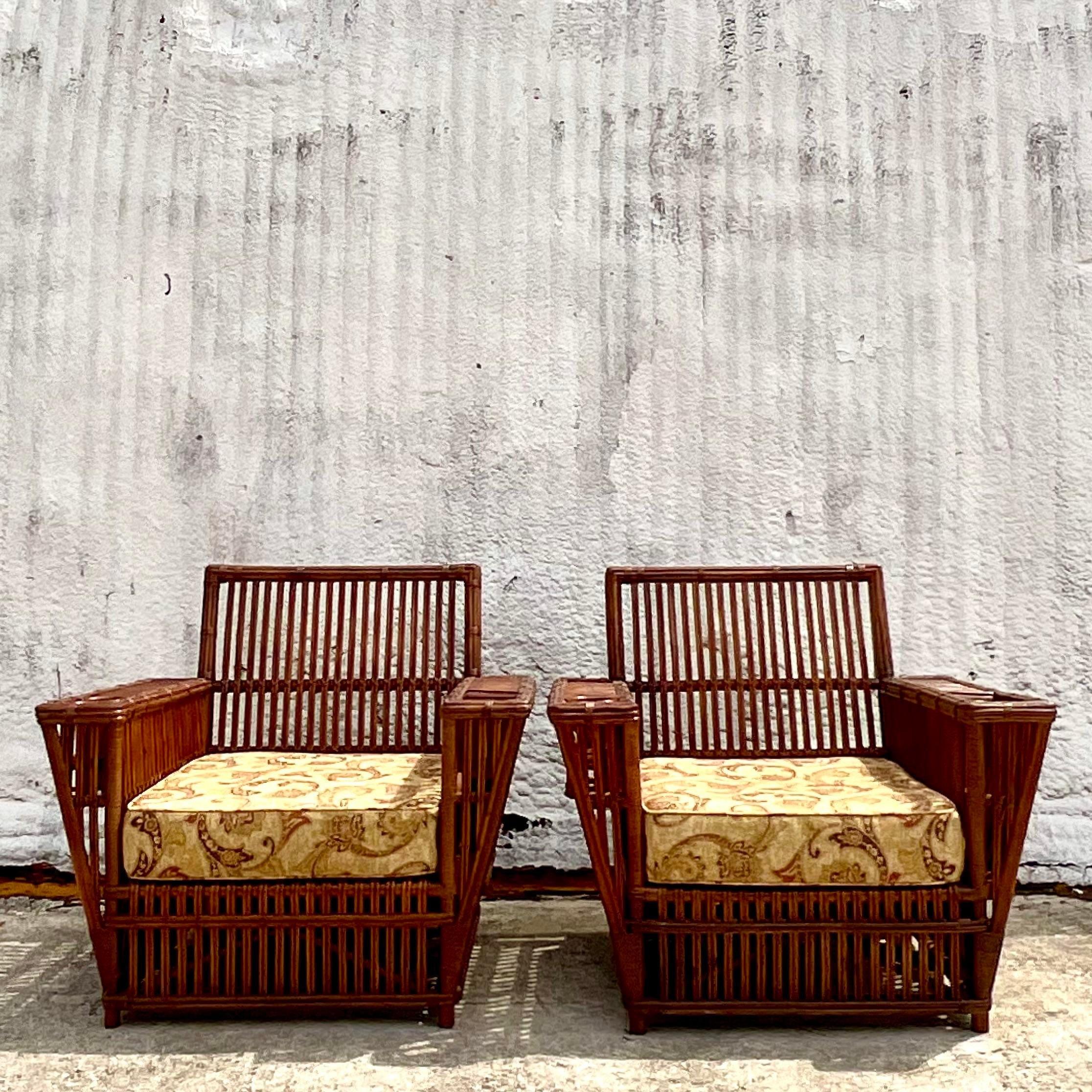 Vintage Coastal Stick Rattan Lounge Chairs After Bielecky Brothers - a Pair 1
