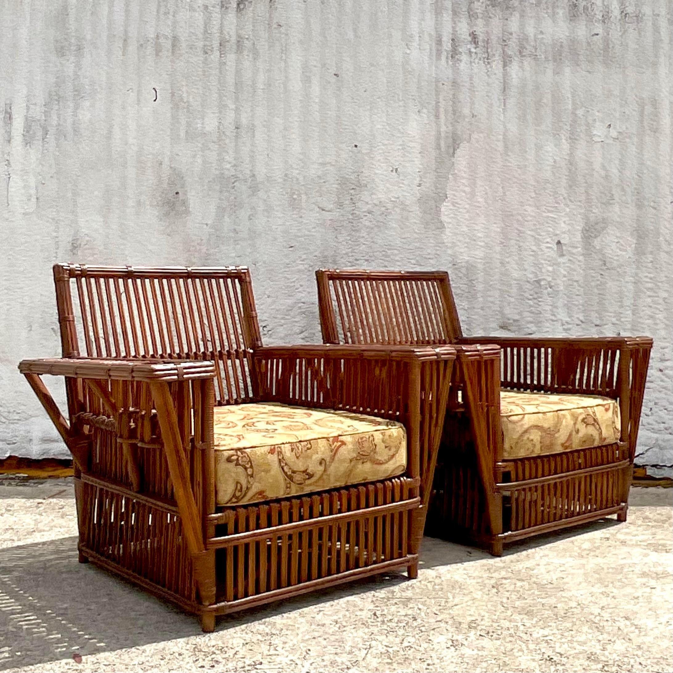 Vintage Coastal Stick Rattan Lounge Chairs After Bielecky Brothers - a Pair 2