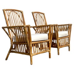 Vintage Coastal Stick Rattan Lounge Chairs After Bielecky Brothers - a Pair
