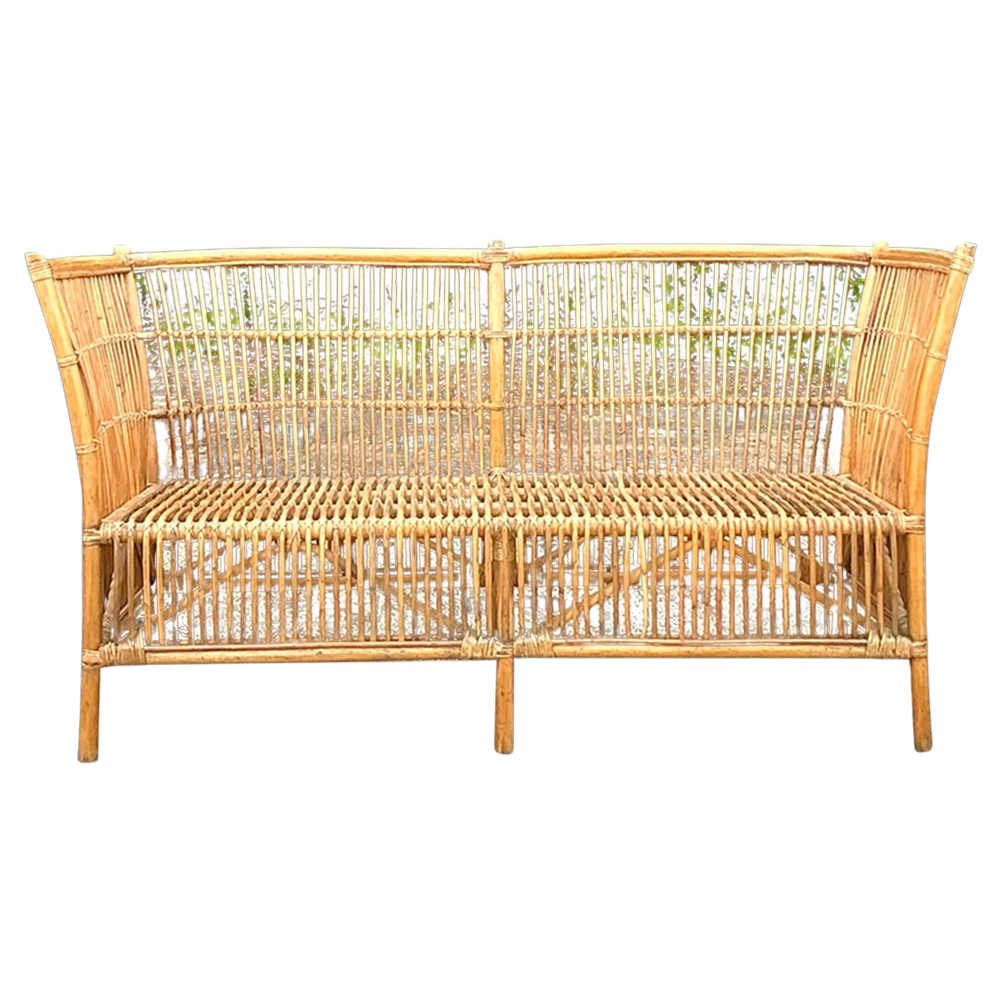 Vintage Coastal Stick Rattan Loveseat