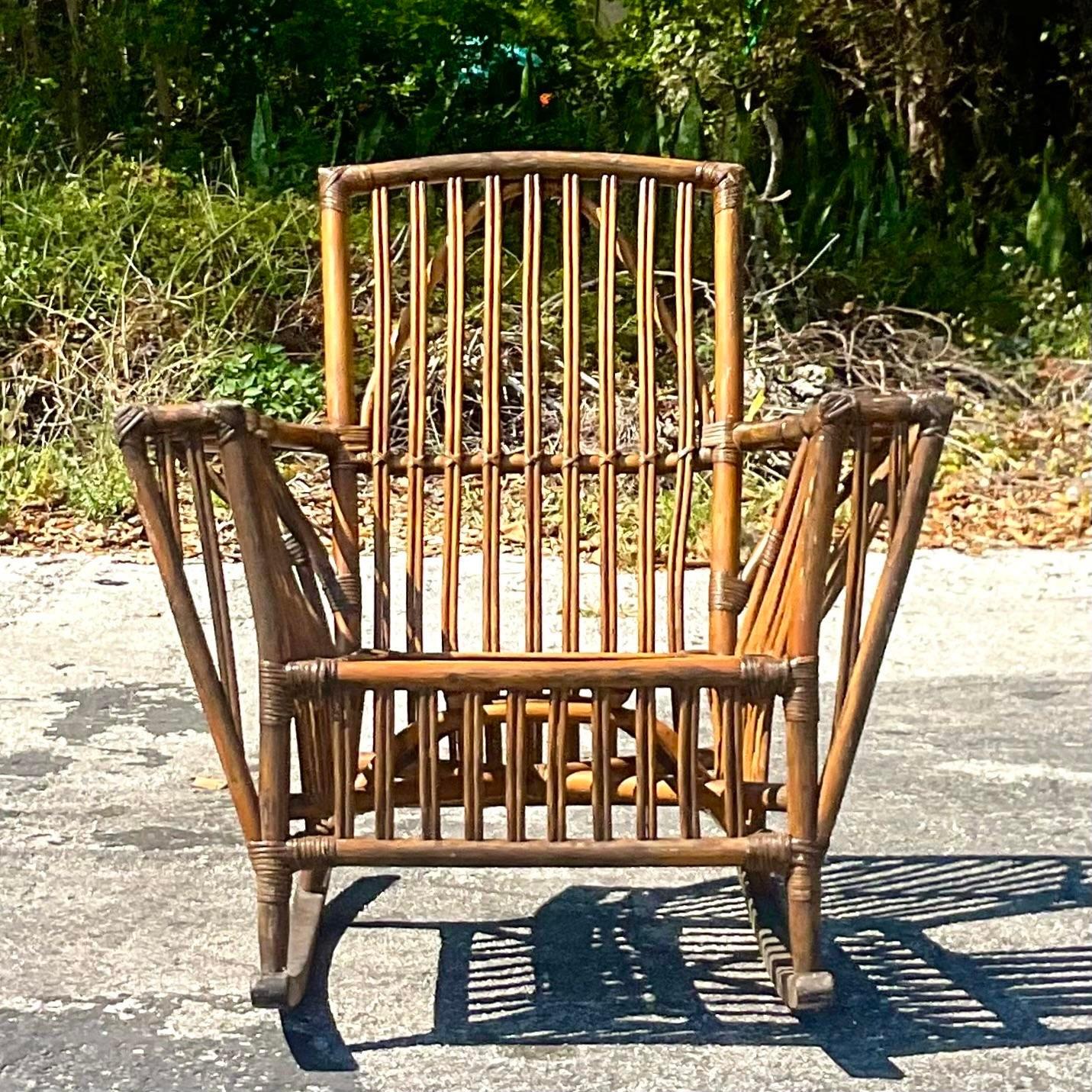 Mid-Century Modern Vintage Coastal Stick Rattan Rocking Chair After Bielecky Brothers