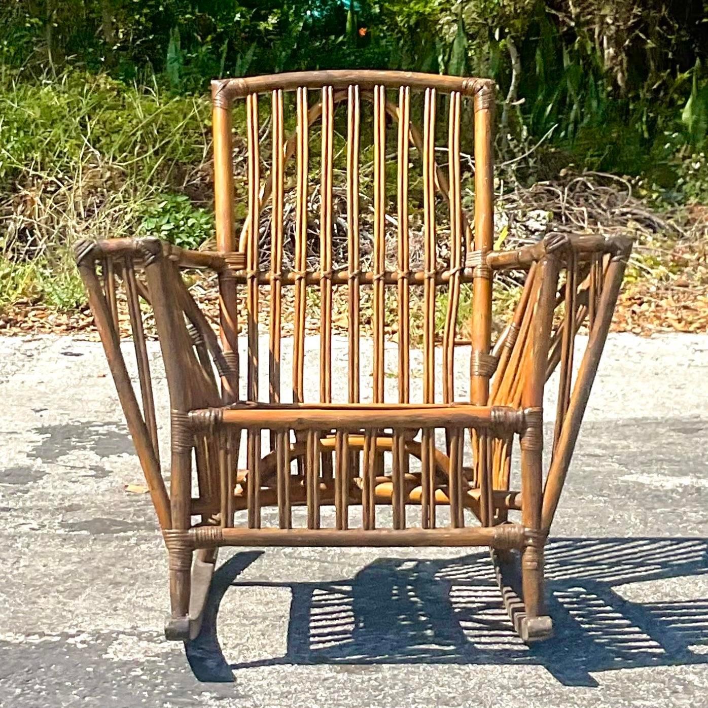 Vintage Coastal Stick Rattan Rocking Chair After Bielecky Brothers In Good Condition In west palm beach, FL