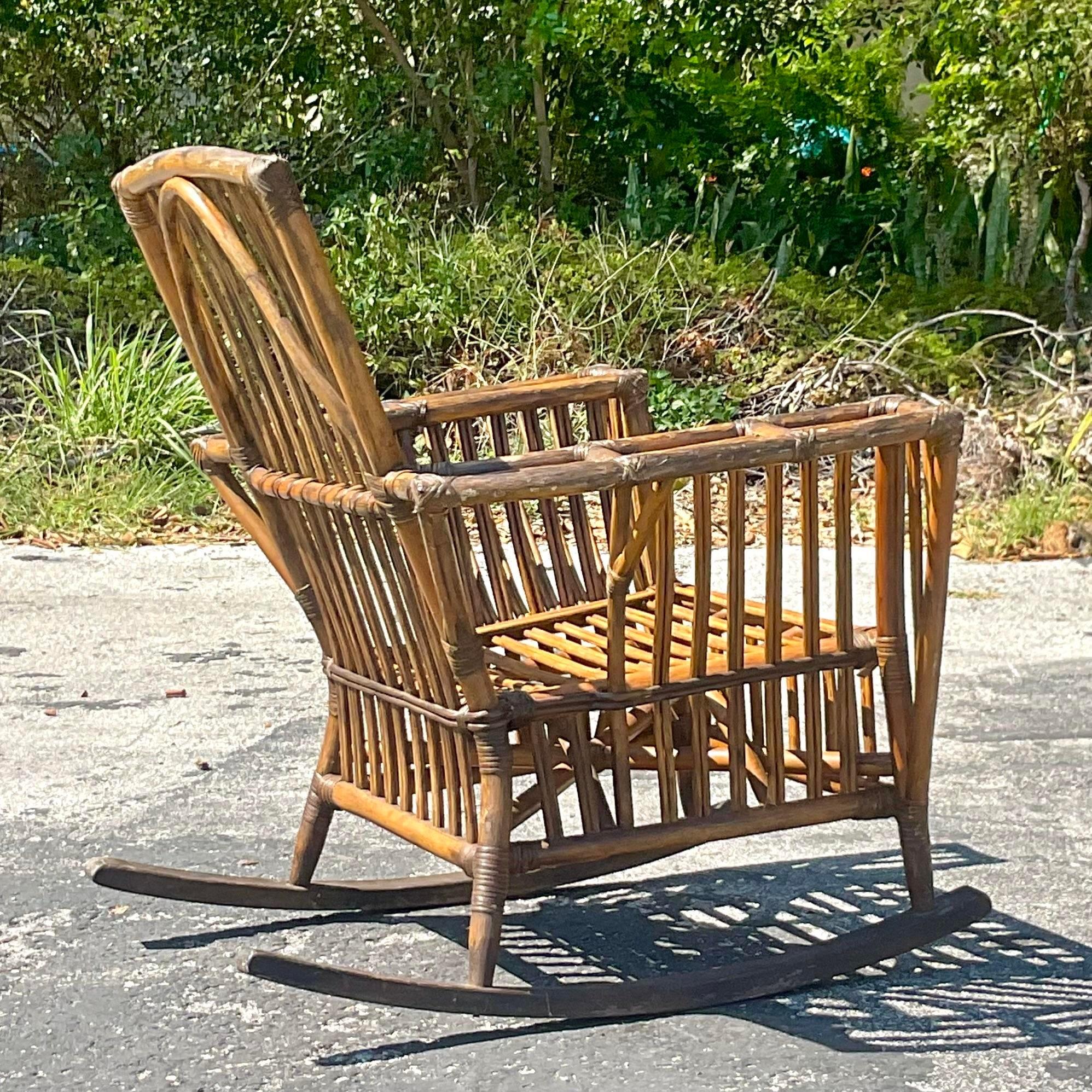20th Century Vintage Coastal Stick Rattan Rocking Chair After Bielecky Brothers