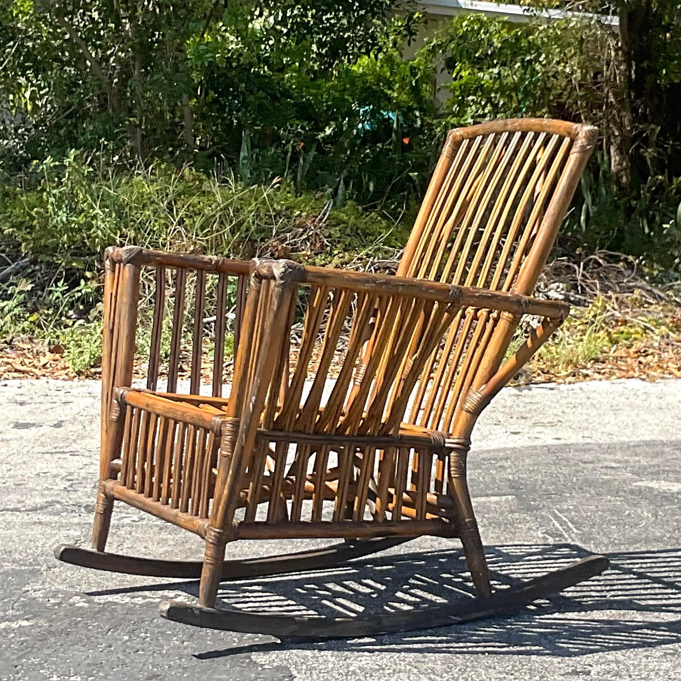 Vintage Coastal Stick Rattan Rocking Chair After Bielecky Brothers 1