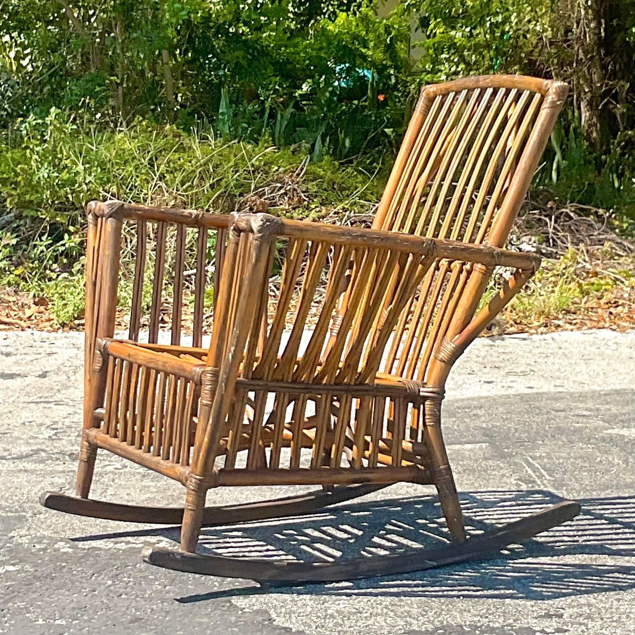 Vintage Coastal Stick Rattan Rocking Chair After Bielecky Brothers 2