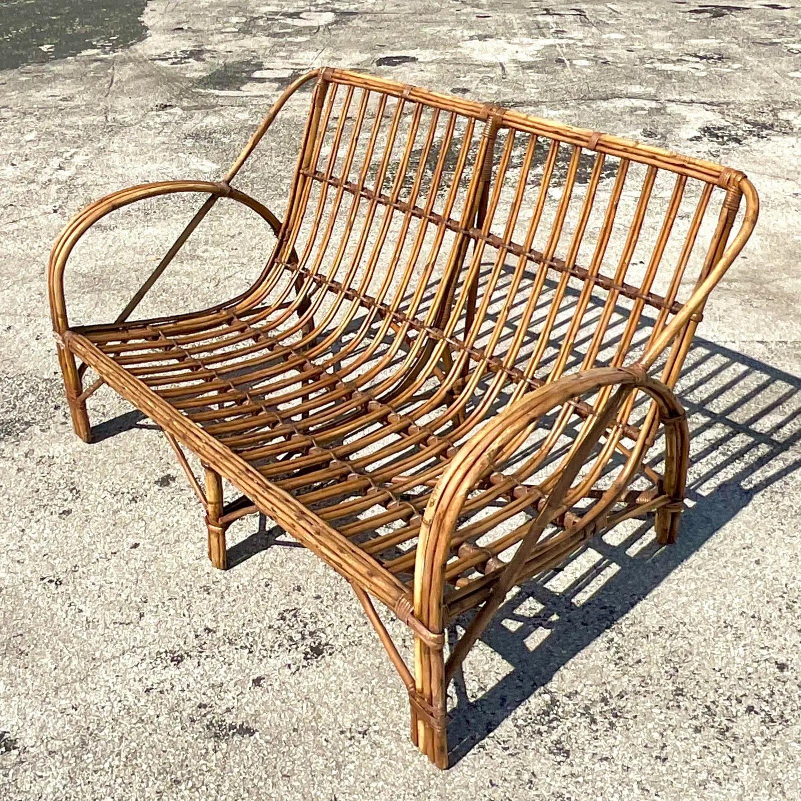 Vintage Coastal Stick Rattan Slope Sofa In Good Condition In west palm beach, FL