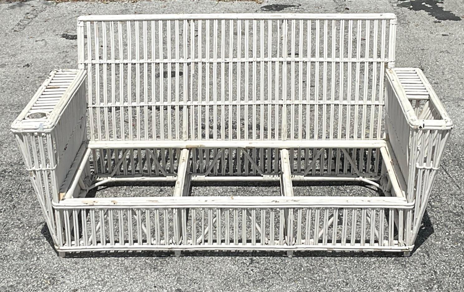 North American Vintage Coastal Stick Rattan Sofa After Bielecky Brothers