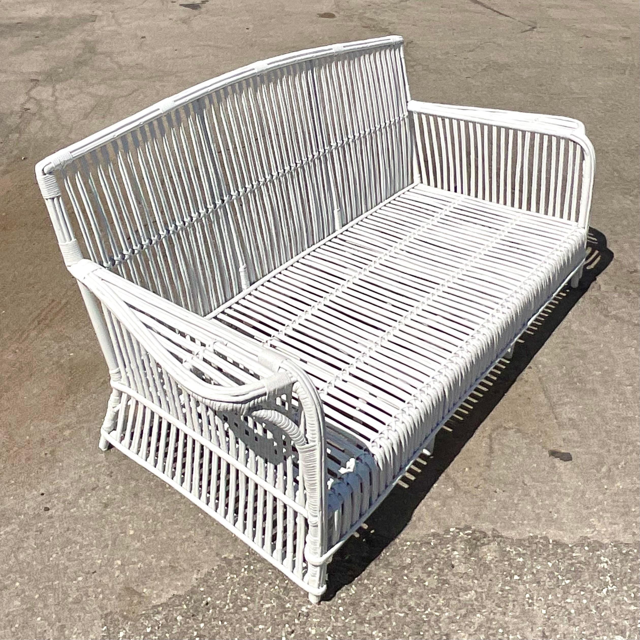Vintage Coastal Stick Rattan Sofa After Bielecky Brothers In Good Condition In West Palm Beach, FL