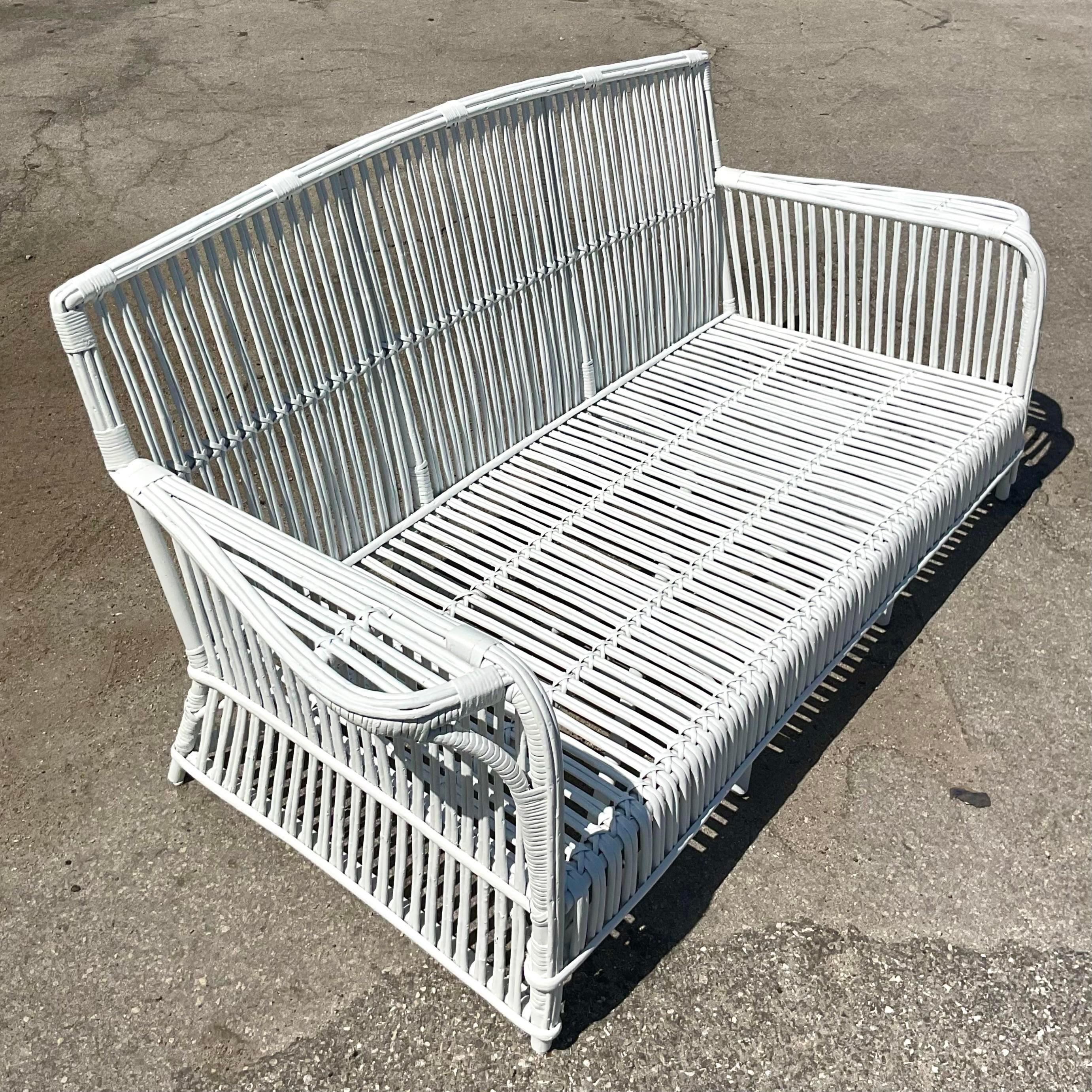 20th Century Vintage Coastal Stick Rattan Sofa After Bielecky Brothers