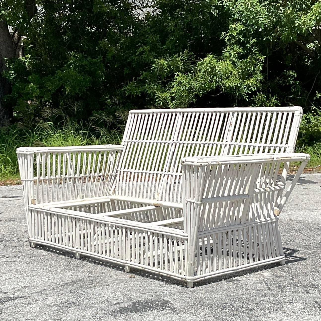 20th Century Vintage Coastal Stick Rattan Sofa After Bielecky Brothers