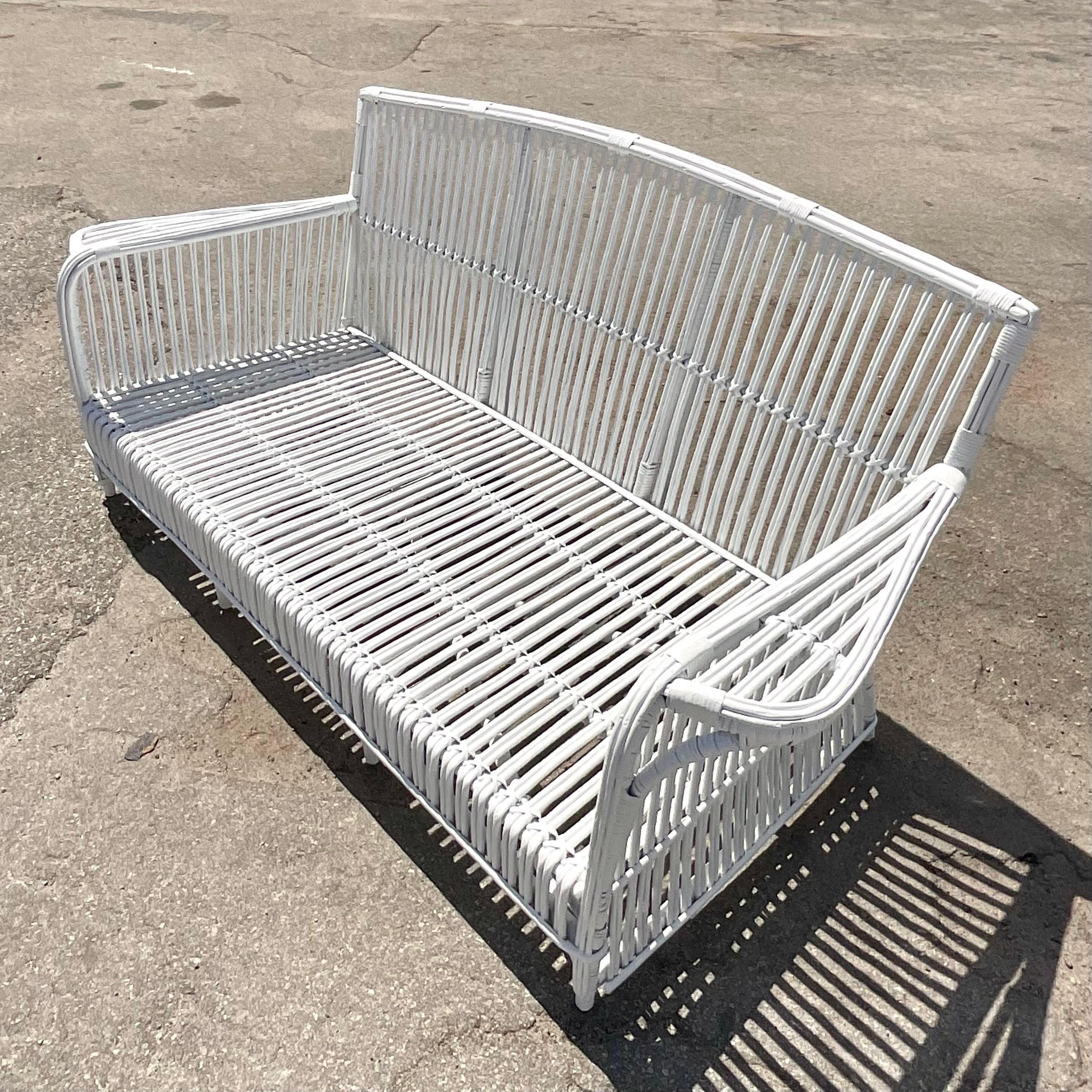 Vintage Coastal Stick Rattan Sofa After Bielecky Brothers 1