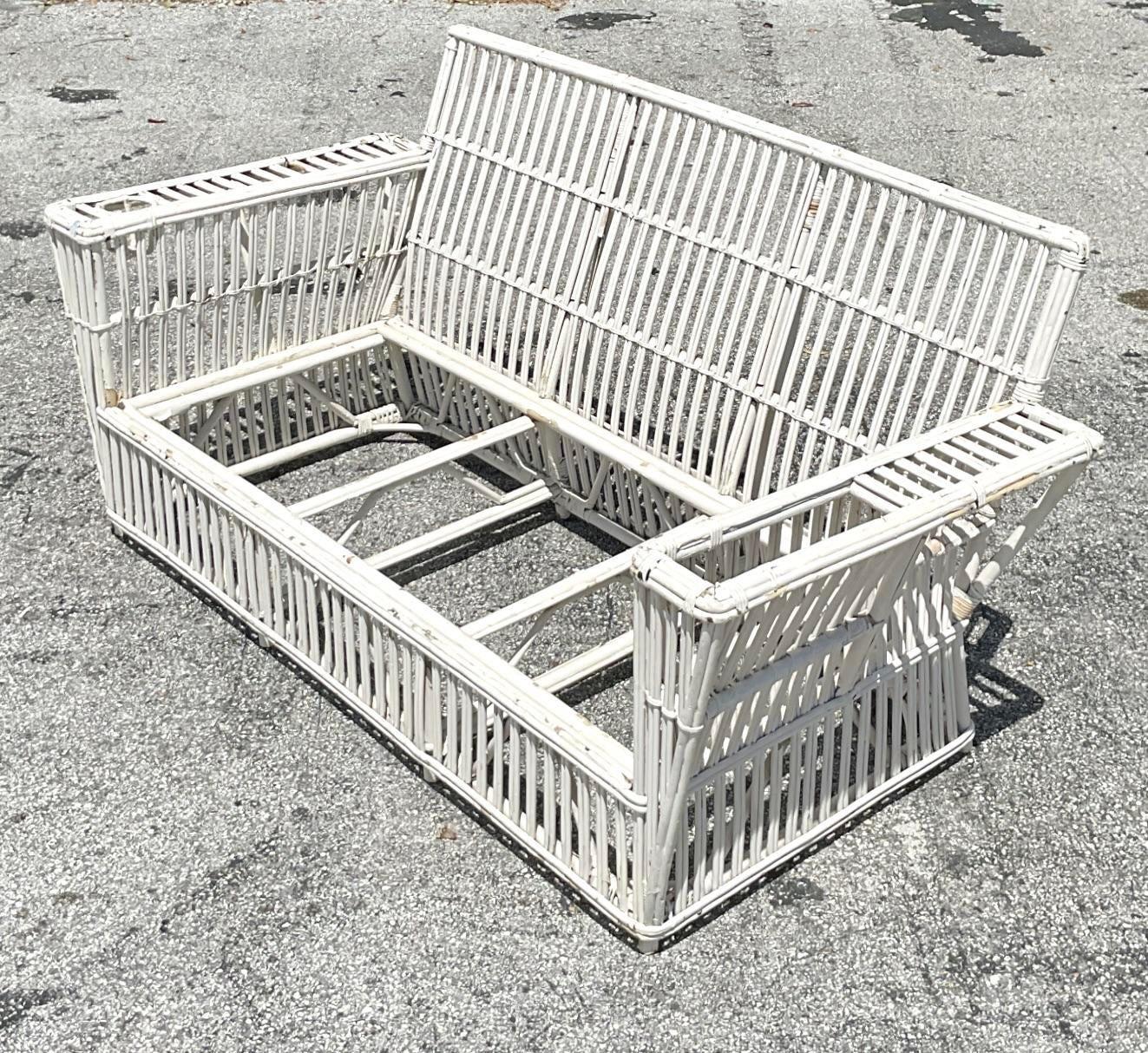 Vintage Coastal Stick Rattan Sofa After Bielecky Brothers 1