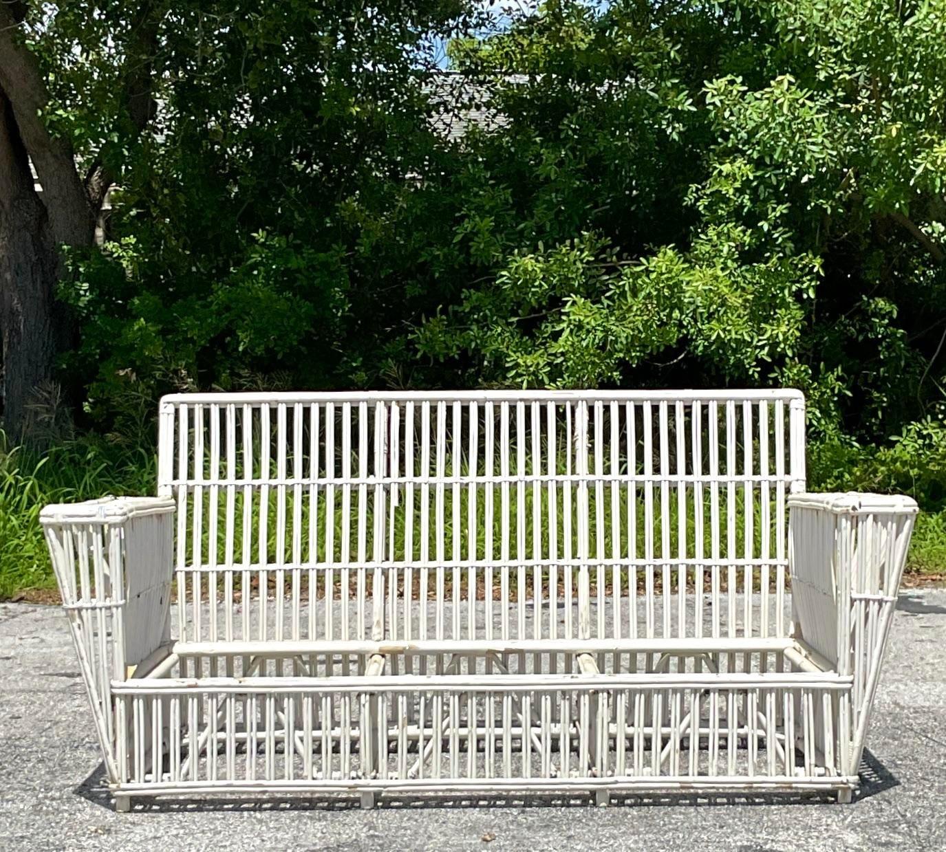 Vintage Coastal Stick Rattan Sofa After Bielecky Brothers 2