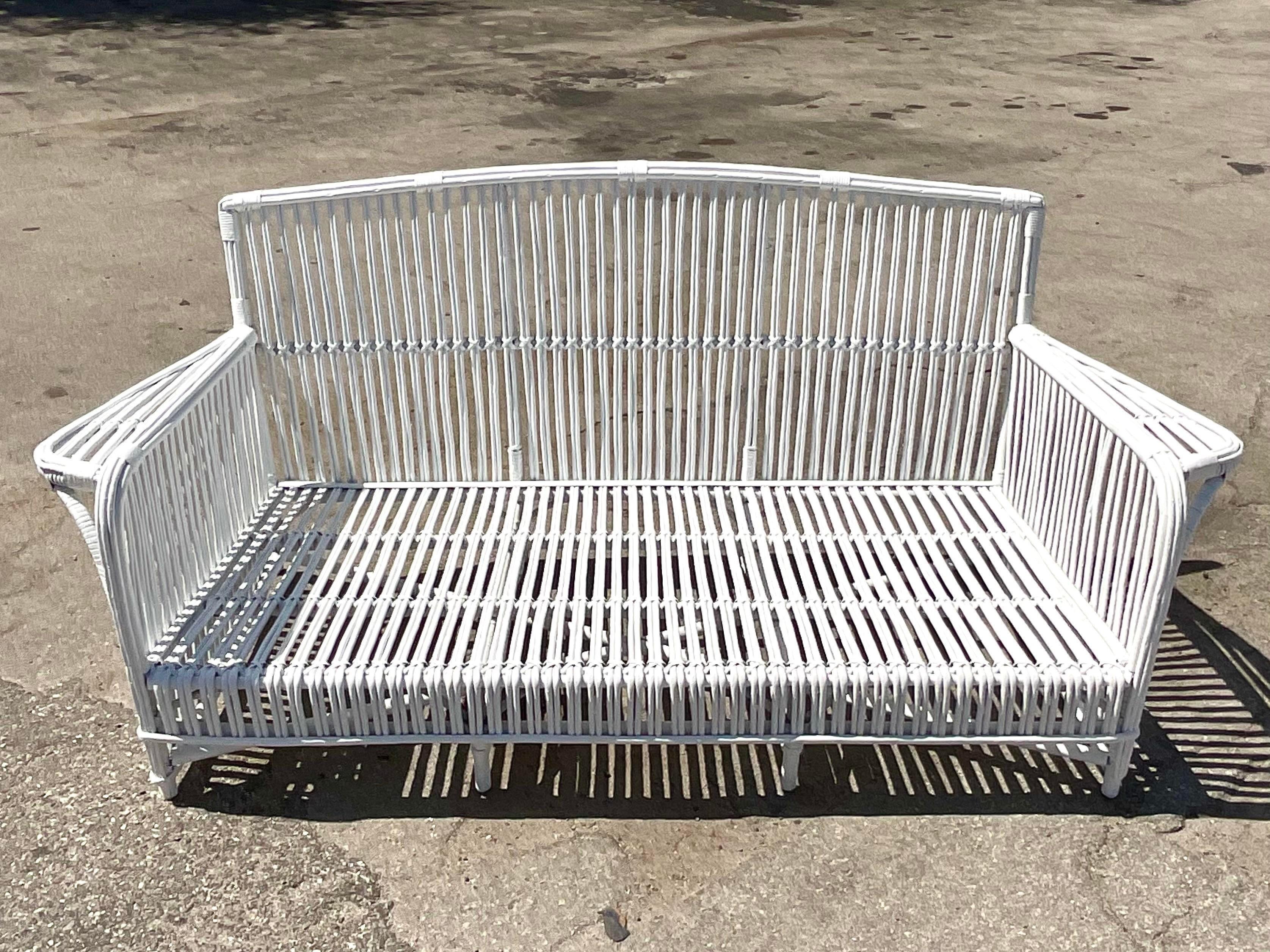 Vintage Coastal Stick Rattan Sofa After Bielecky Brothers 3