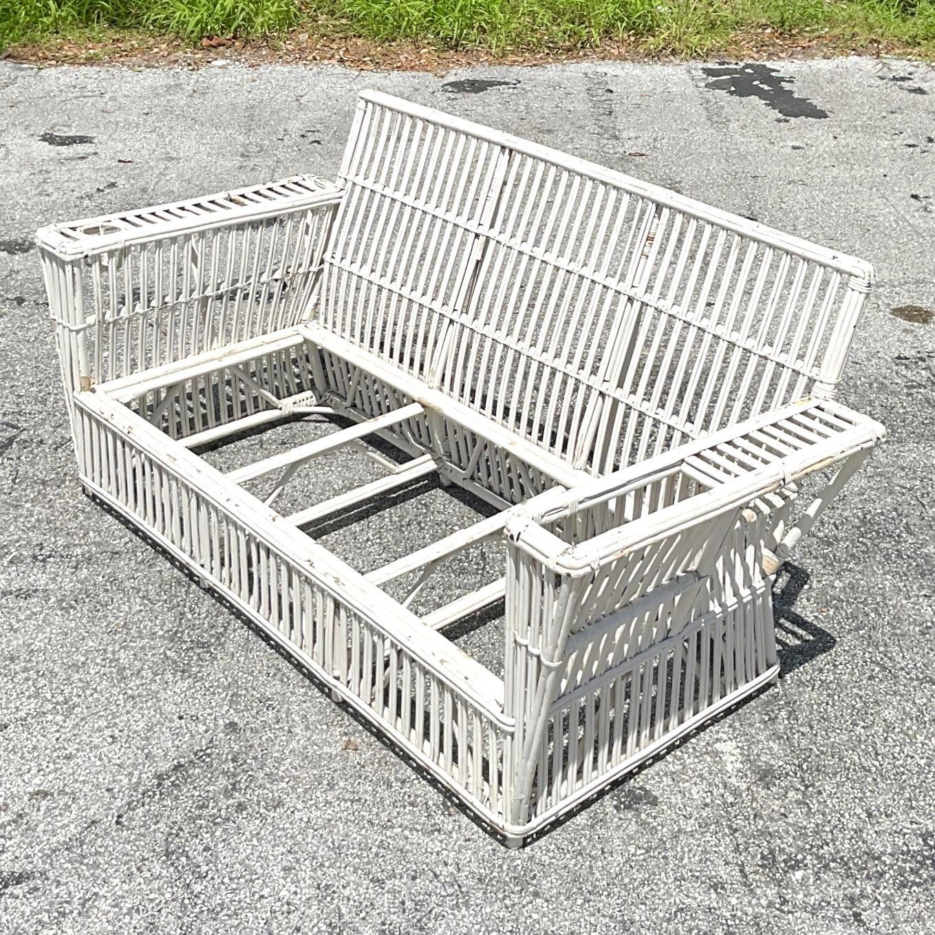 Vintage Coastal Stick Rattan Sofa After Bielecky Brothers 3