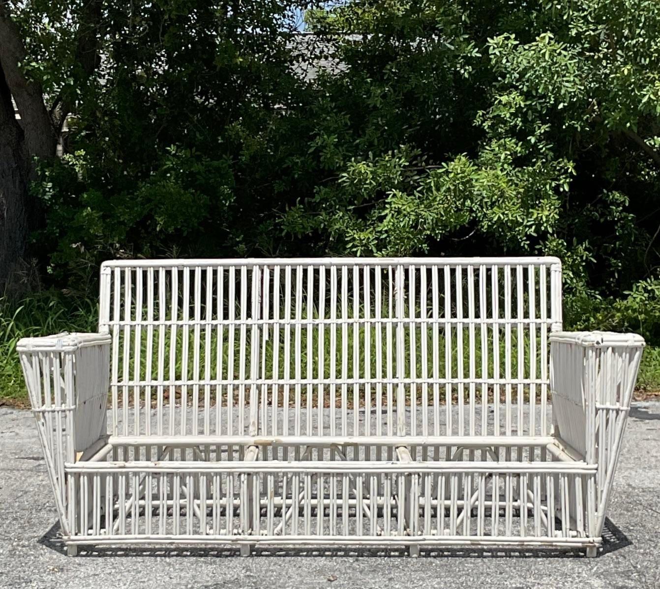 Vintage Coastal Stick Rattan Sofa After Bielecky Brothers 4