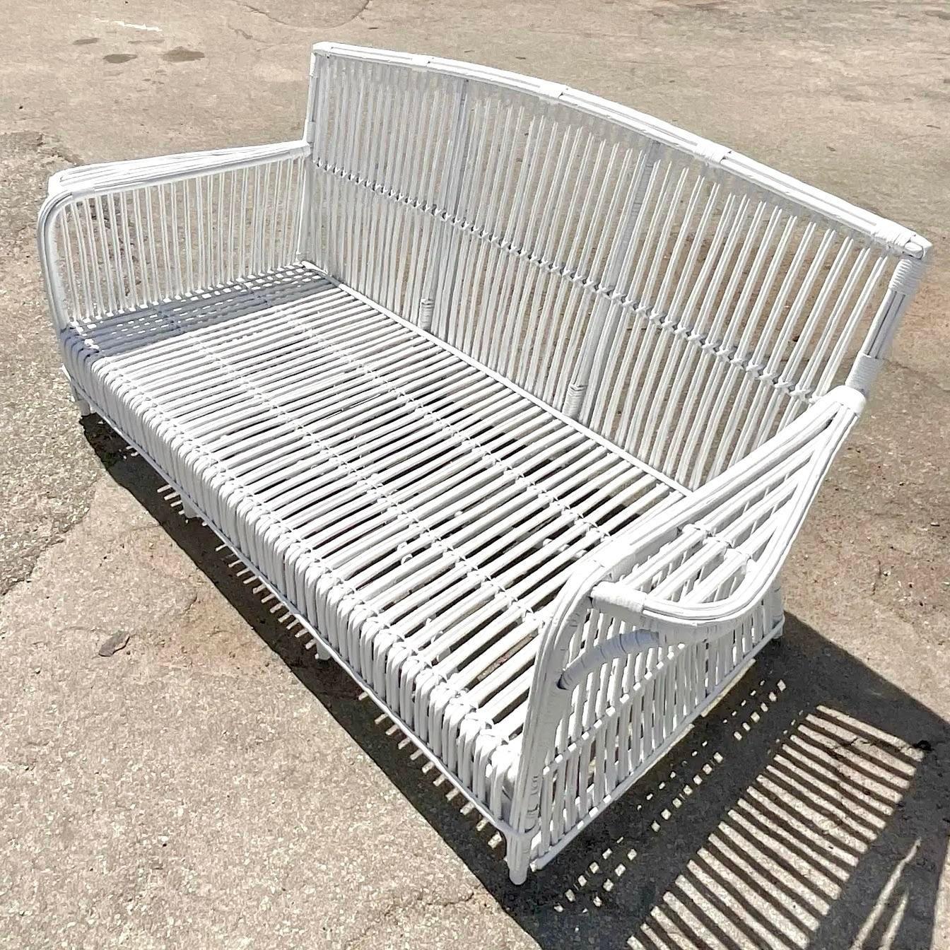 20th Century Vintage Coastal Stick Rattan Sofa After Bielecky