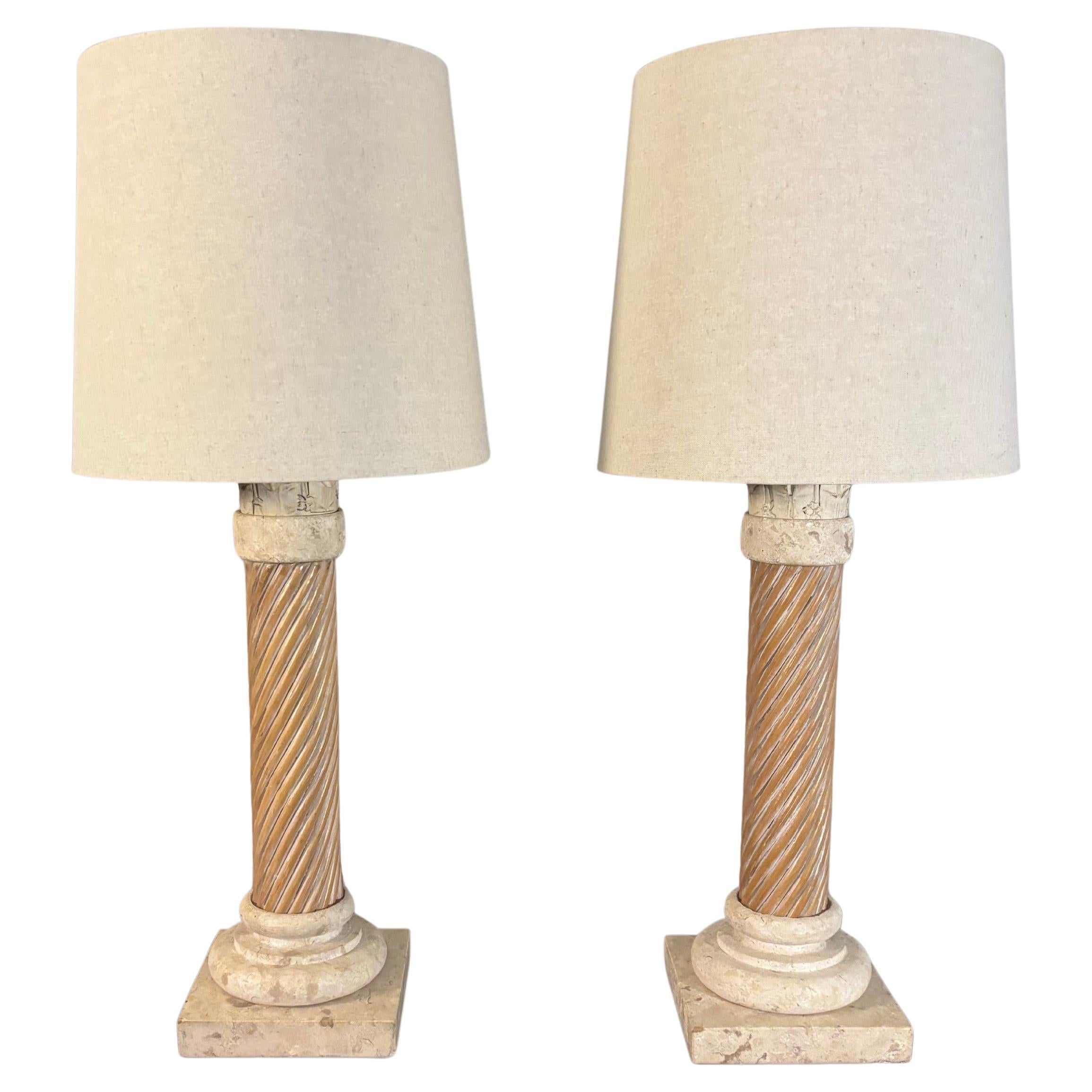 Vintage Coastal Stone and Pencil Reed Table Lamps, a Pair