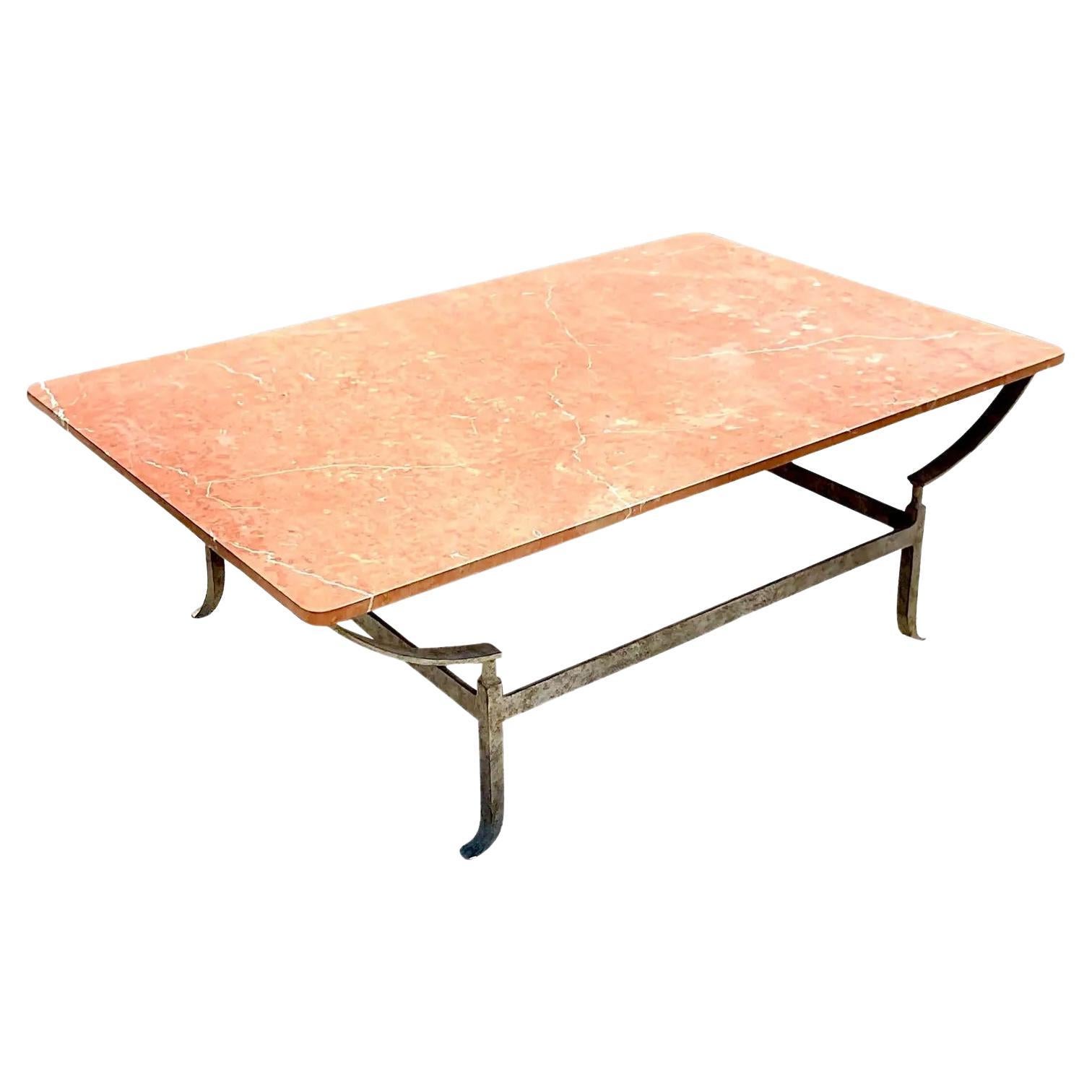 Vintage Coastal Stone and Wrought Iron Coffee Table