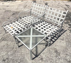 Vintage Coastal Strapped Lounge Chairs with Ottoman & Table - Set of 4
