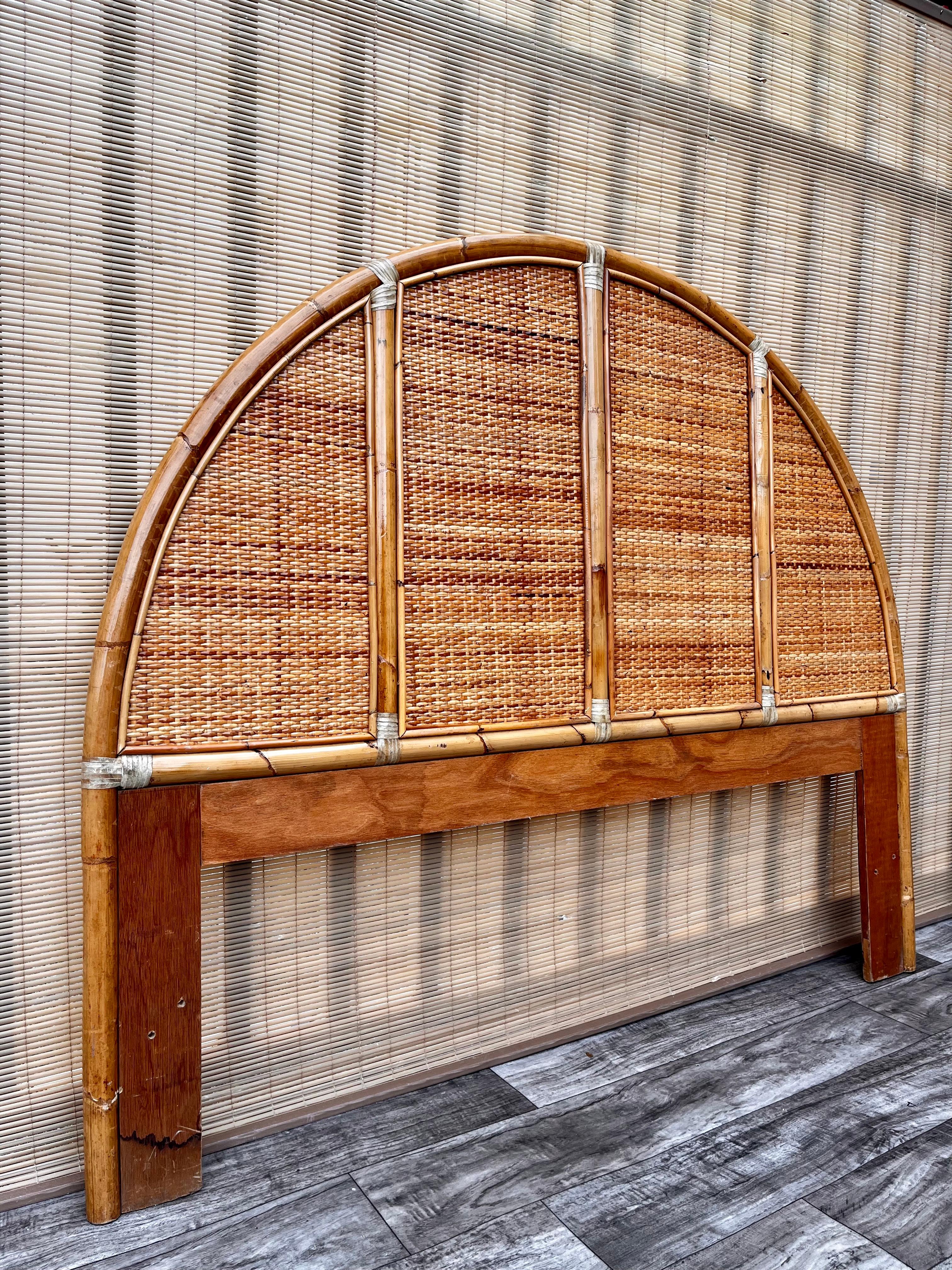 Bohemian Vintage Coastal Style Arched Rattan Queen Headboard in the McGuire's Style For Sale