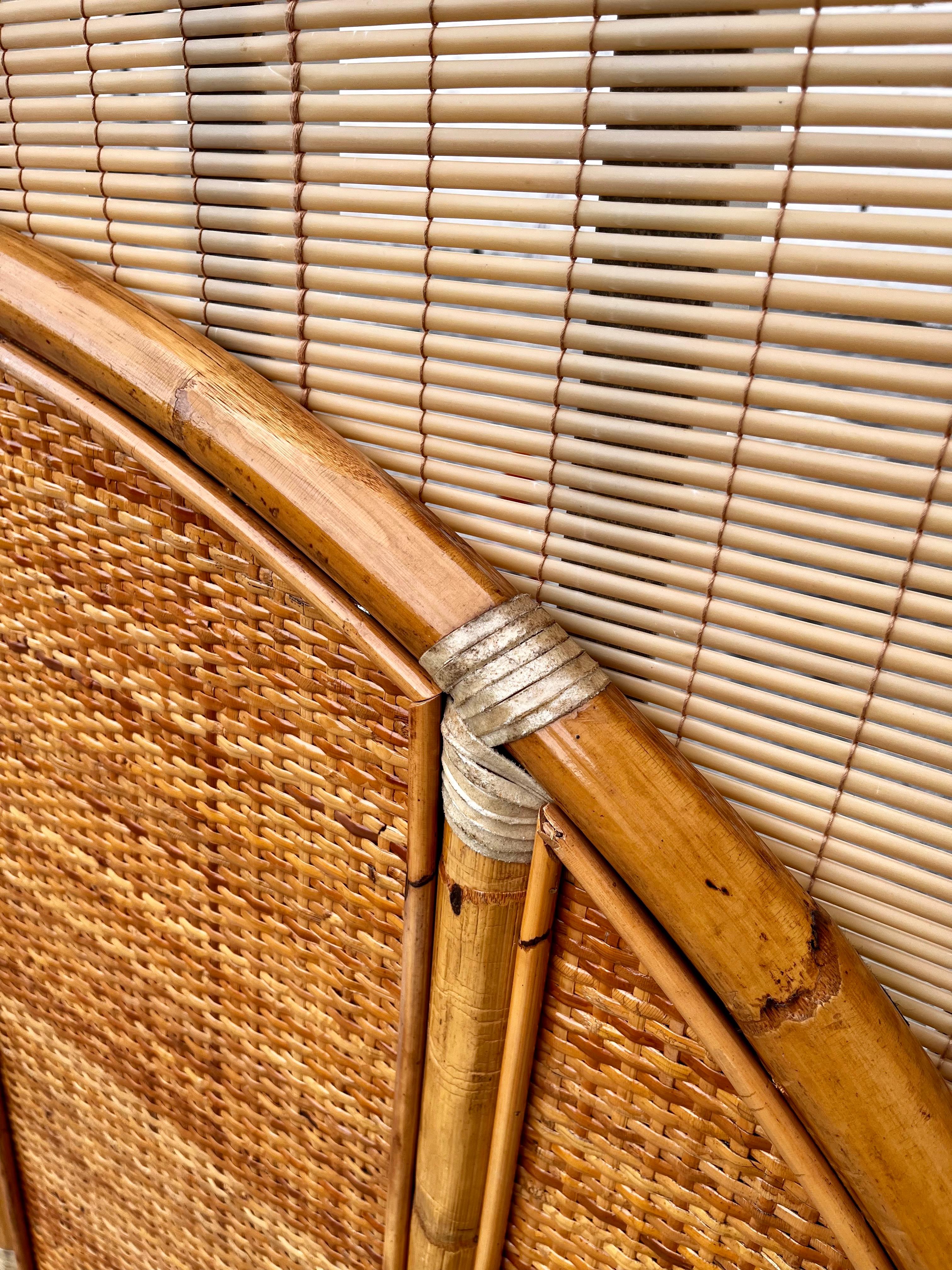 Late 20th Century Vintage Coastal Style Arched Rattan Queen Headboard in the McGuire's Style