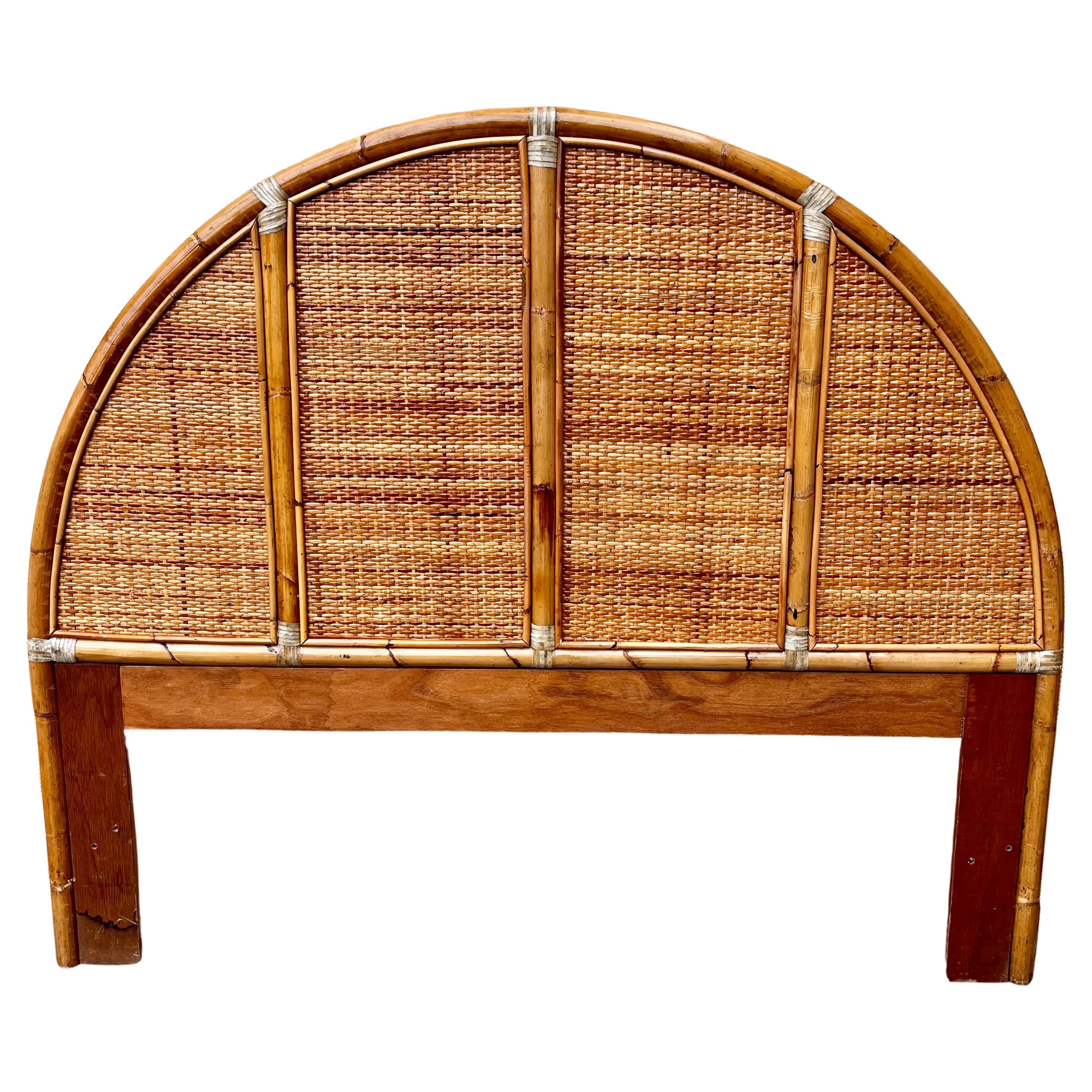 Vintage Coastal Style Arched Rattan Queen Headboard in the McGuire's Style For Sale