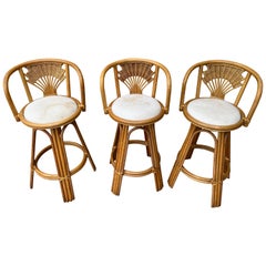 Vintage Coastal Style Wicker Rattan Swivel Bar Stools. Set of Three, circa 1980s