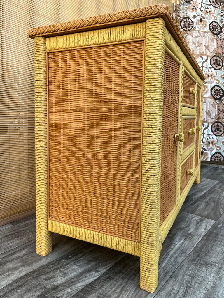 Vintage Coastal Style Wicker Sideboard/ Buffet with Hutch by Henry Link