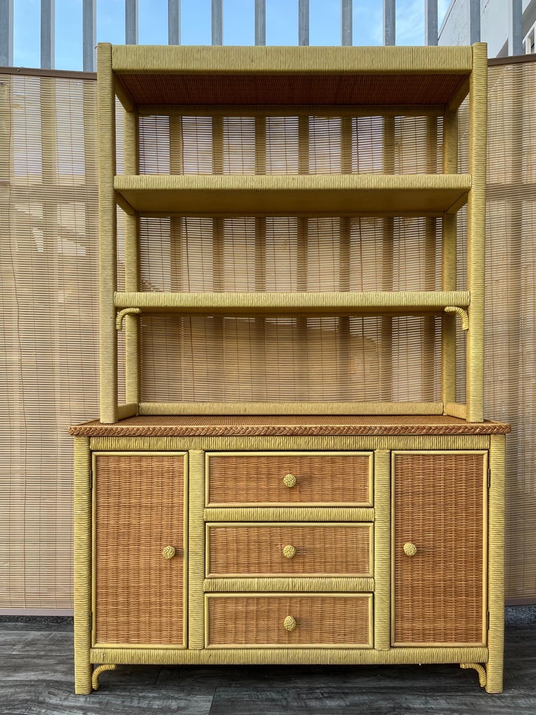 Vintage Coastal Style Wicker Sideboard/ Buffet with Hutch by Henry Link