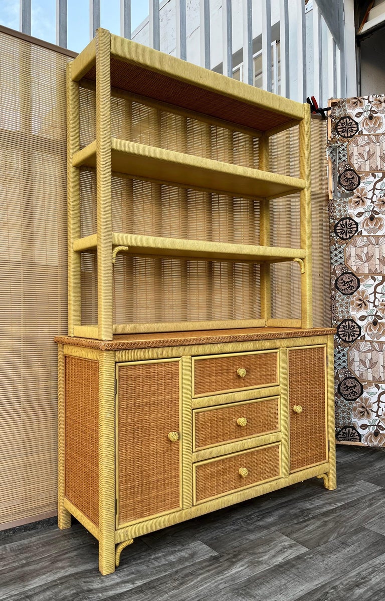 Vintage Coastal Style Wicker Sideboard/ Buffet with Hutch by Henry Link