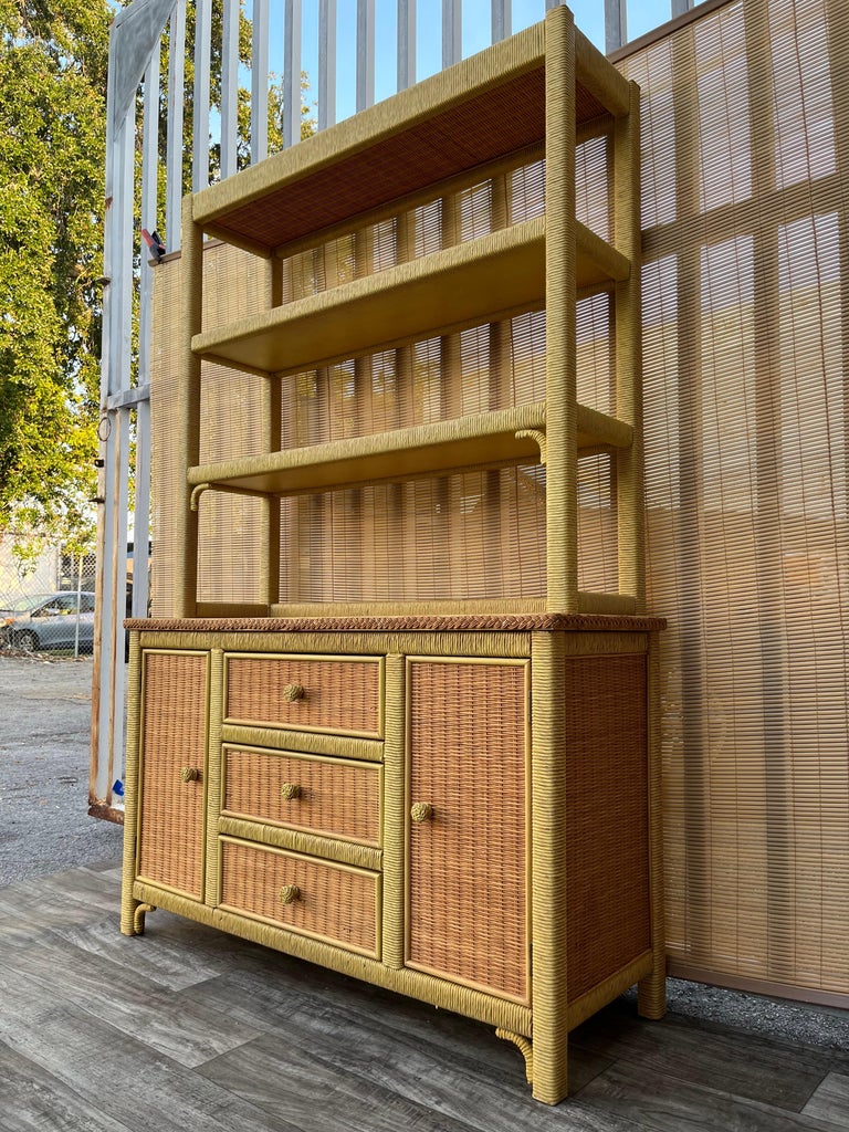 Vintage Coastal Style Wicker Sideboard/ Buffet with Hutch by Henry Link