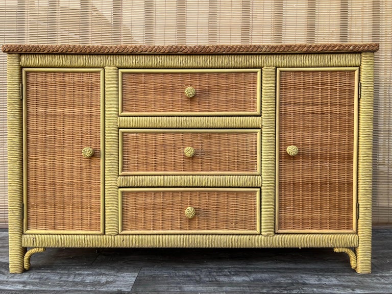 Vintage Coastal Style Wicker Sideboard/ Buffet with Hutch by Henry Link