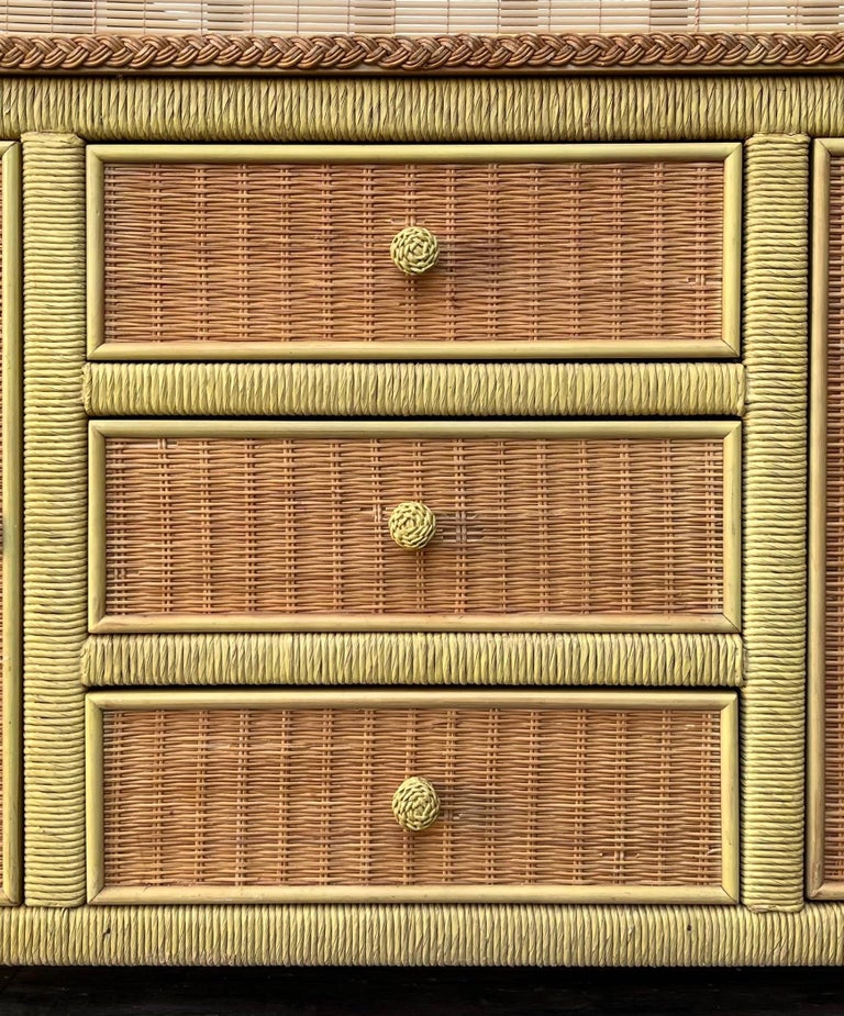 Vintage Coastal Style Wicker Sideboard/ Buffet with Hutch by Henry Link