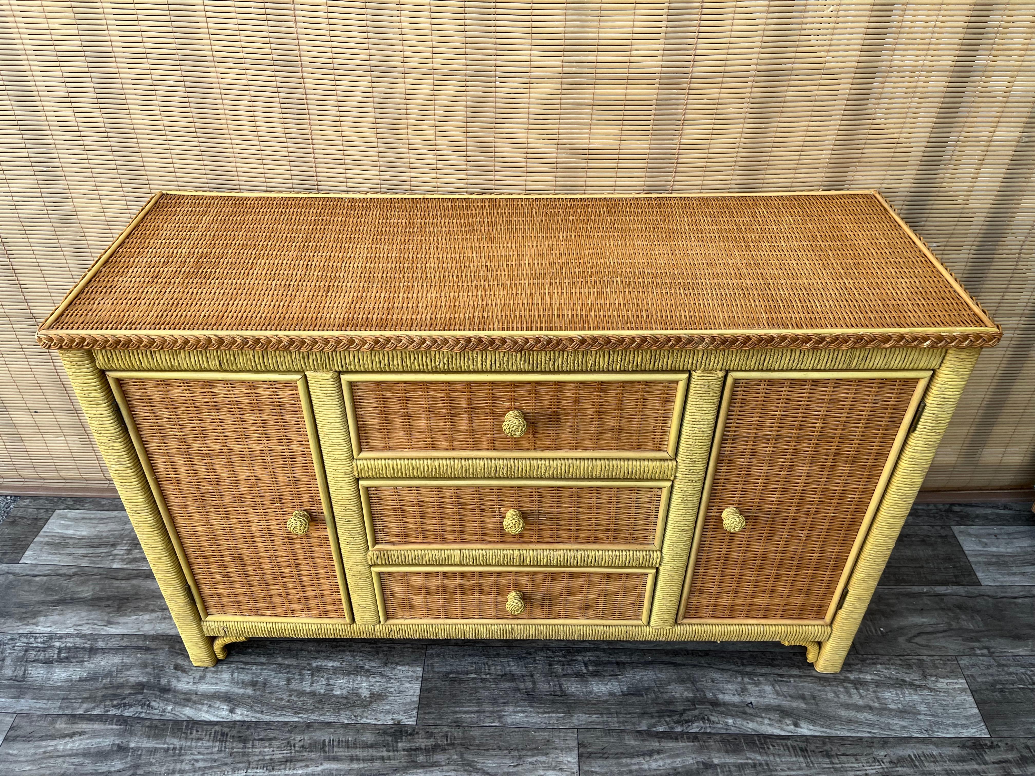 Late 20th Century Vintage Coastal Style Wicker Sideboard/ Buffet with Hutch by Henry Link For Sale