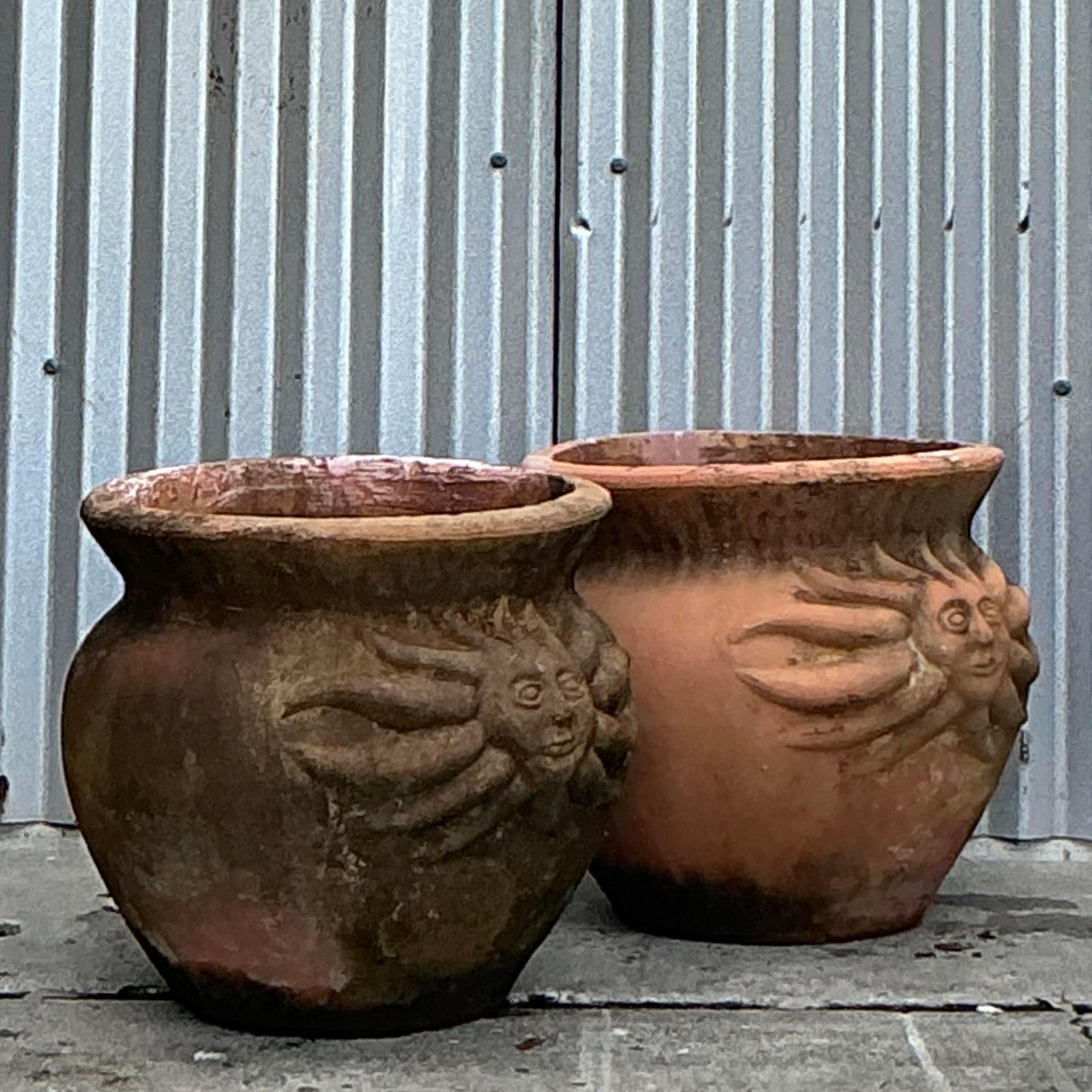 American Vintage Coastal Sun Terra Cotta Planters - a Pair
