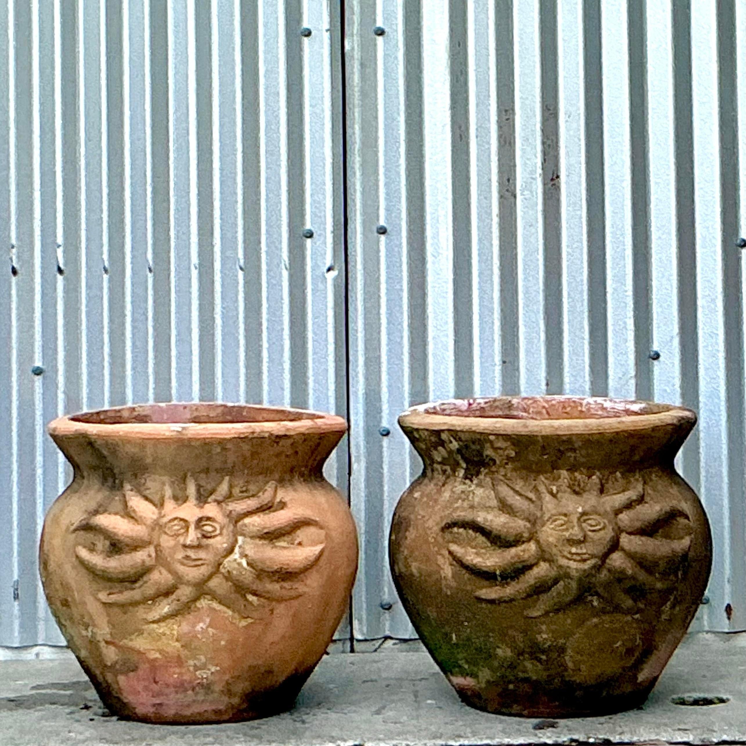 Vintage Coastal Sun Terra Cotta Planters - a Pair In Good Condition In West Palm Beach, FL