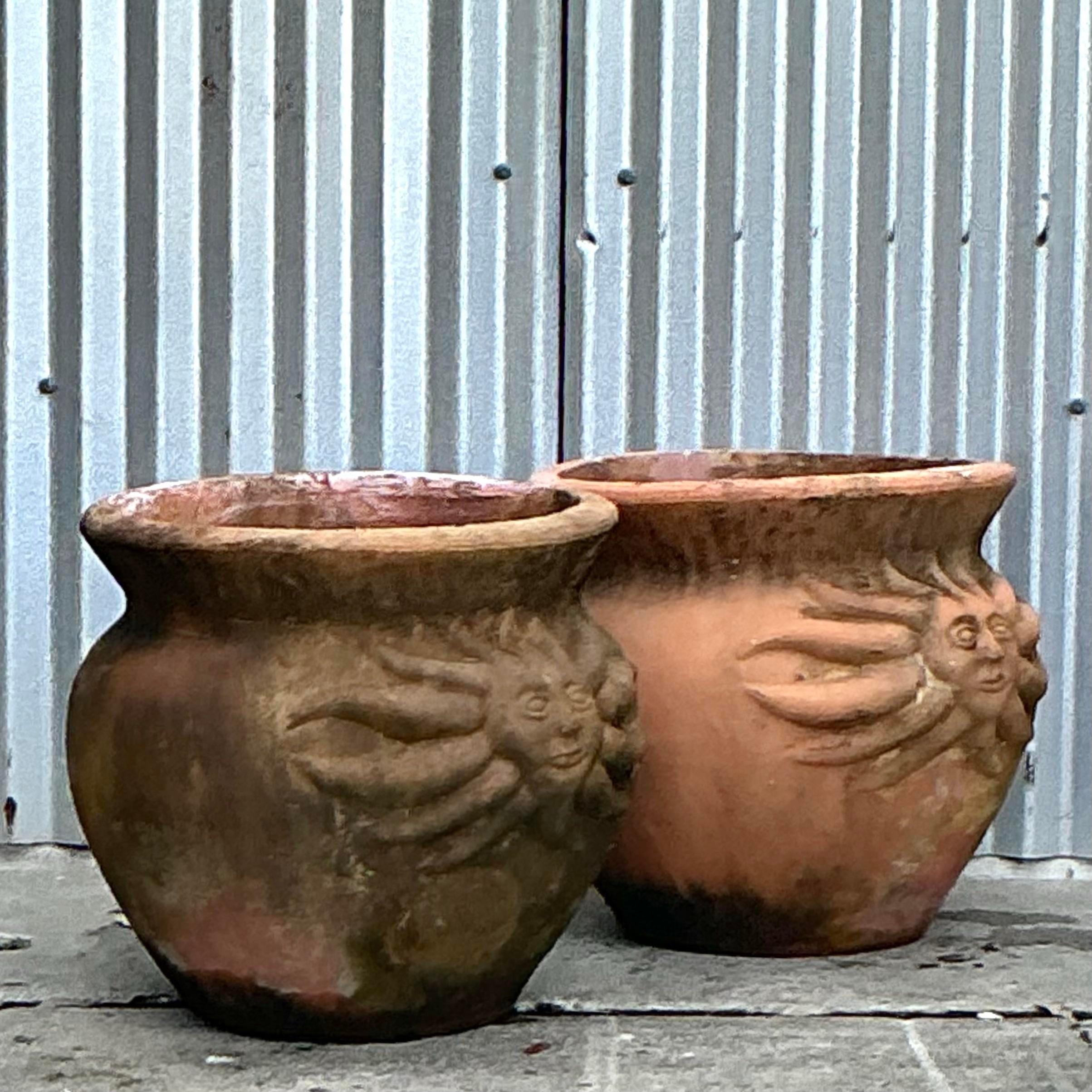 20th Century Vintage Coastal Sun Terra Cotta Planters - a Pair